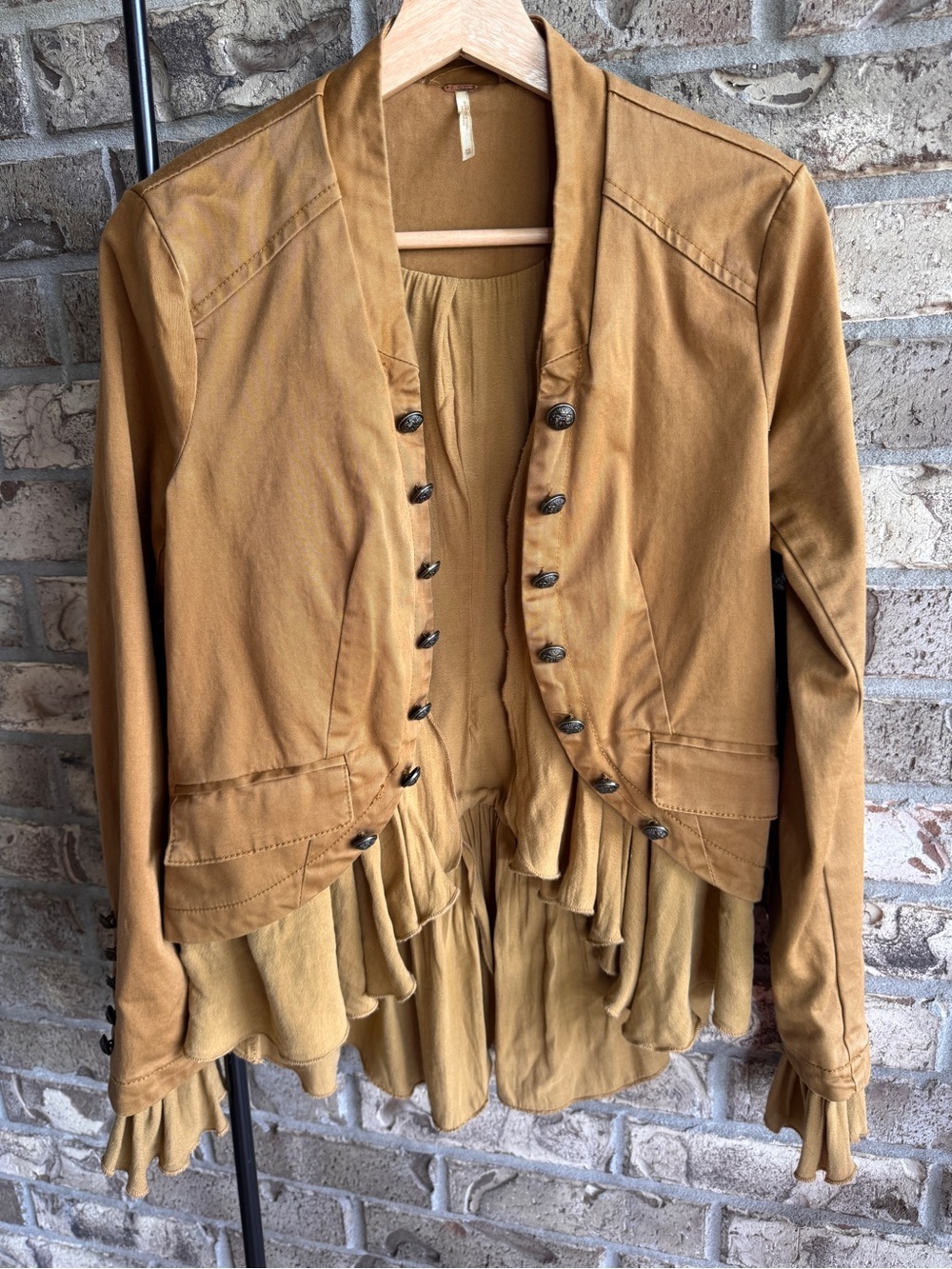 Free People Ruffle Hem Military Jacket XS Mustard Brown Boho Victorian - Picture 6 of 13